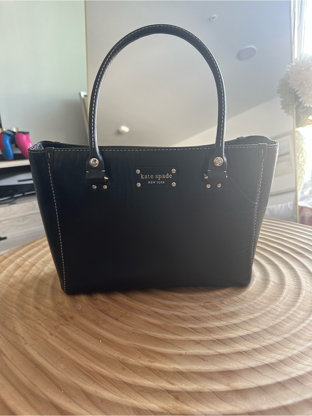 kate spade black leather satchel with silver hardware